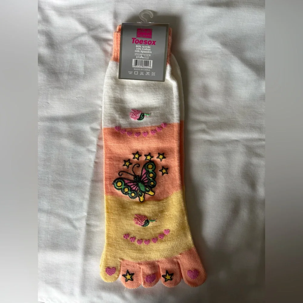 NWT ToeSox Multicolor Toe Socks with Butterfly & Flower Yellow Orange Pink